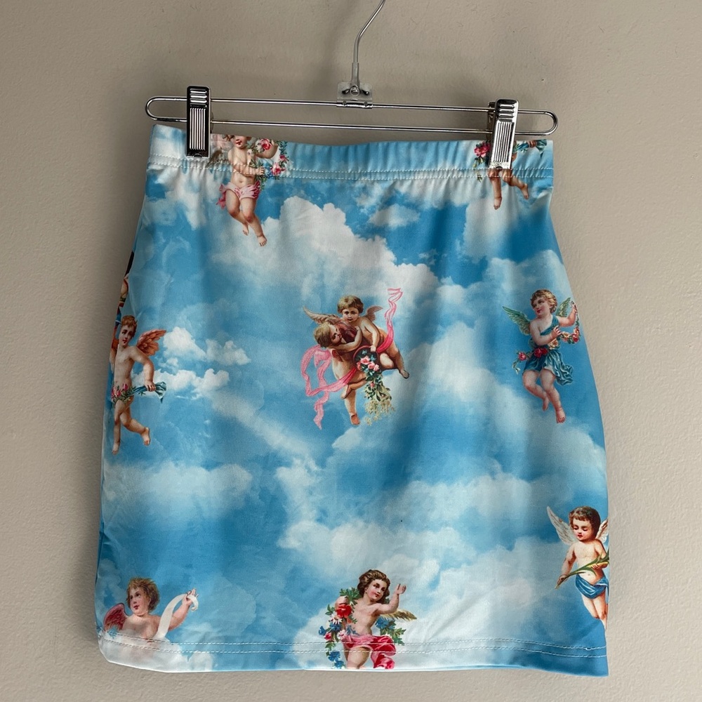 Mini skirt poly spandex Coachella cupid and clouds valentine print skirt (S)